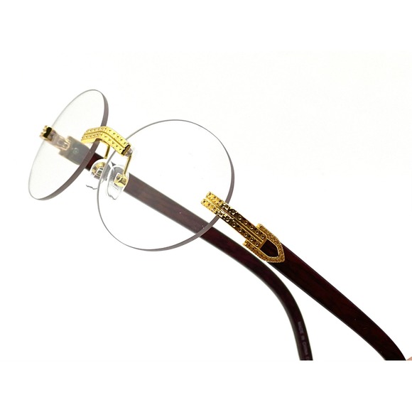 Rimless Round Glasses‎ Gold Accents Wood Arms Hipster Fashion Eyewear Lentes New - Picture 1 of 4